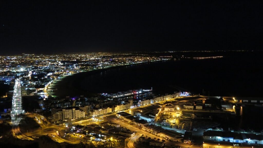 The Agadir bay at night seen from the corniche.